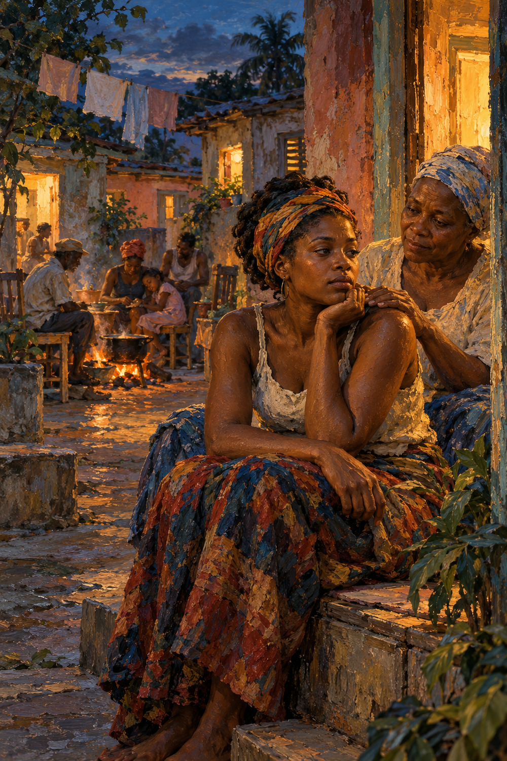 The Warmth That Remains, a painterly courtyard scene with one woman reassuring another in warm evening light.